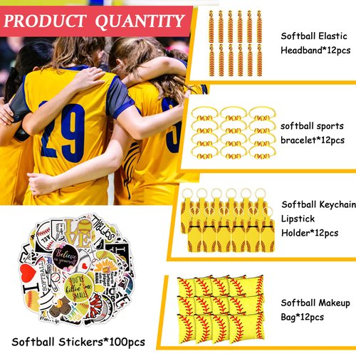 LEIFIDE 148 Pcs Softball Gift Softball Party Favors Softball Makeup Bag Softball Bracelet Keychain Stickers Hair Ties for Sport Birthday Decoration Party Supplies
