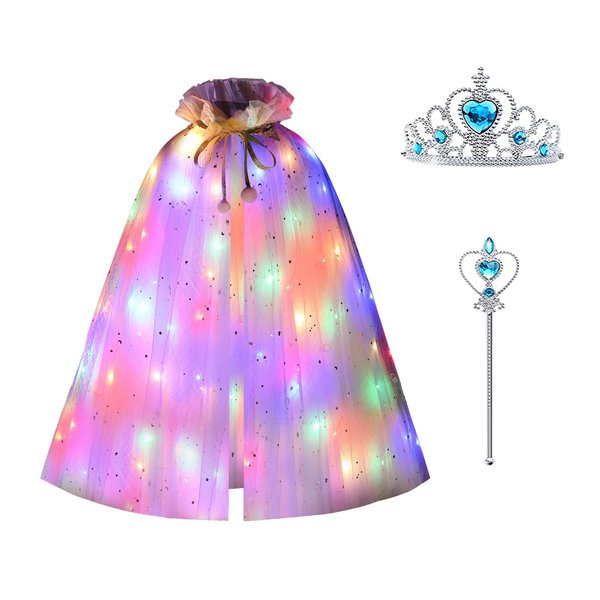 Foierp Light up Princess Dress for Little Girls Yellow Princess Cape for Kids Princess Costume with Wand Crown for Birthday