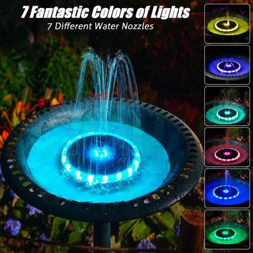 SZMP Solar Fountain, 4W Solar Powered Bird Bath Fountains with 4000 Battery, Color LED Lights, Outdoor Water Feature Fountain Pump with 7 Nozzle and 4 Fixers for Garden, Patio, Pond, and Pool