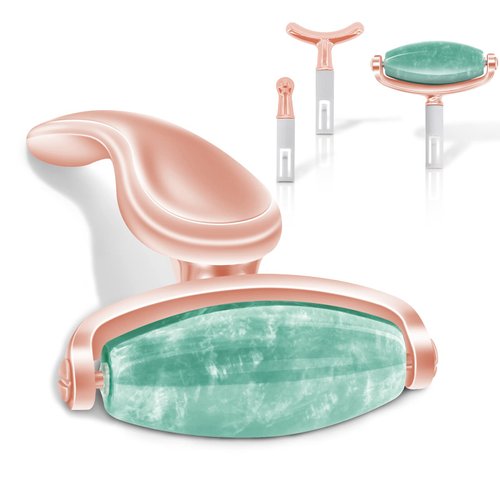 Jade Facial Roller, Real Jade Face Roller Massager with 3 Interchangeable Heads for Women Routine Skin Care, Reduce Puffiness Wrinkling Rejuvenate Skin (Green Jade + Rose Gold Handle)