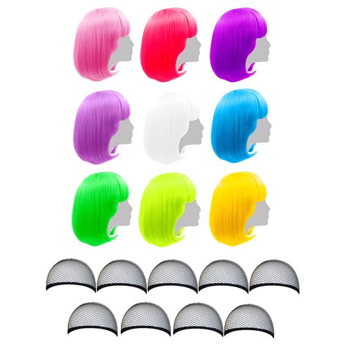 LIULIUBTY 9 Pieces Short Bob Hair Wigs 12" Straight with Flat Bangs Synthetic Fluorescence Colorful Cosplay Daily Party Costume Wig for Women+ Free Wig Cap (Colors Set 2,with Wig Cap)