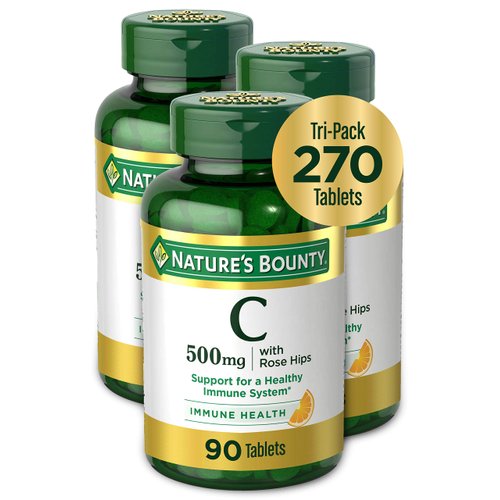Nature's Bounty Vitamin C Supplement with Rose Hips, Supports Immune Health, 500 mg Tablets, 500 mg, 90 Count, Pack of 3