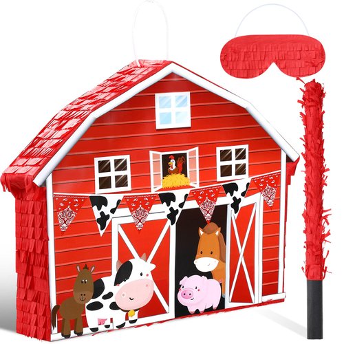 Farm Piñata Bundle Fiesta Piñata Set Includes Barnyard Piñata, Bat Stick and Blindfold Mask for Farmhouse Country Kids Birthday Cinco De Mayo Party Mexican Piñata Game Supplies Decoration