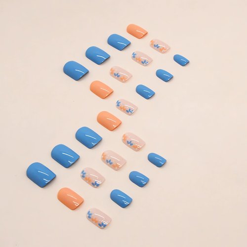 Short Press on Nails Square Fake Nails Blue Orange Flowers Glue on Nails Spring Summer Nail Art Decorations Glossy Full Cover Acrylic False Nails Short Square Stick on Nails 24Pcs