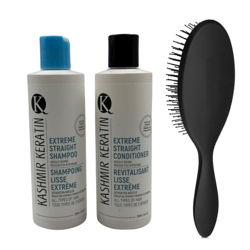 Bundle 3 Items: Extreme Straight Keratin Shampoo 8 oz, Extreme Straight Keratin Conditioner 8oz and Paddle Brush, Frizz Free & Control, Sulfate Free, Paraben Free