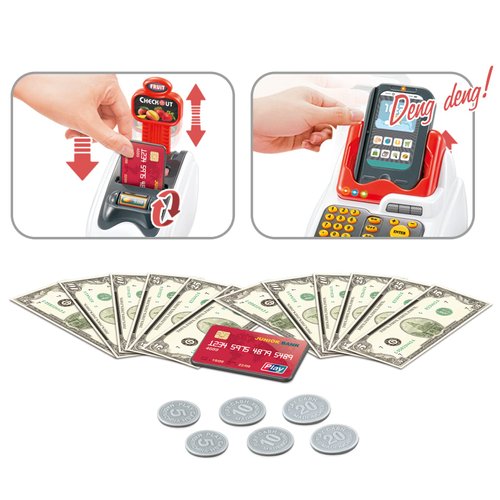 Pretend Play Cash Register Toy Role Play Shopping Cashier Playset with Scanner Card Machine Toy Foods Fruits 33pcs Set Funtional Checkout Game Educational Toy for Kids Birthday