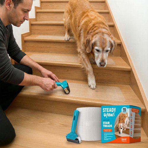 Steady Paws Clear Anti-Slip Stair Treads – Transparent Adhesive Stair Strips for Dogs, Cats, & Elderly Pets, Non-Slip Step Traction Pads for Pet Safety, Easy to Apply & Remove – 15 Pack (24" x 6")