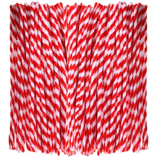Bememo 200 Pieces Christmas Striped Chenille Stem Art Craft Pipe Cleaners, Red with White, 6 mm by 300 mm
