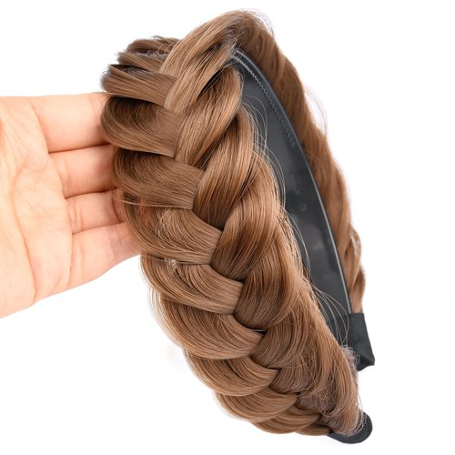 Gledola Wide Messy Braided Headband with Teeth Synthetic Hair Plaited Headband High Elasticity Braids Chunky Fishtail Braided Hair Band Hairpiece for Girls Women (Medium Brown)