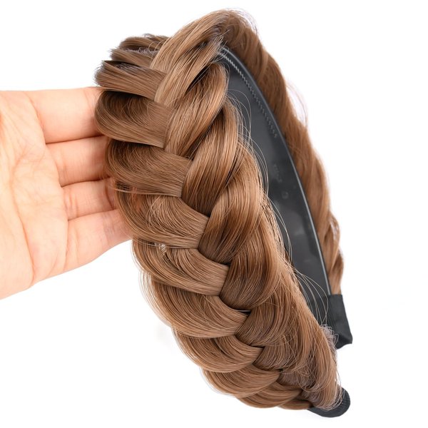 Gledola Wide Messy Braided Headband with Teeth Synthetic Hair Plaited Headband High Elasticity Braids Chunky Fishtail Braided Hair Band Hairpiece for Girls Women (Medium Brown)