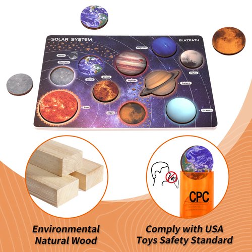BLAZPATH Solar System Planet Space Wooden Puzzle Toys for Kids 3-5, Toddler Montessori Educational Planet Name Match Board Game, Baby Outer Space Sensory Toy, Preschool Science Learning Activities