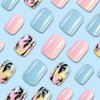24Pcs Summer Press on Nails Square Short Fake Nails Cute Coconut Tree Stick on Nails Design Glue on Nails Full Coverage Beach Acrylic Nails Pink Blue False Nails for Women Or Girl Manicure Ornament