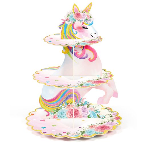 3 Tier Unicorn Cupcake Stand Party Decorations Rainbow Unicorn Birthday Cupcake Holder Unicorn Theme Dessert Tower for Kids Unicorn Party Baby Shower Wedding Family（Cute Color, Unicorn）