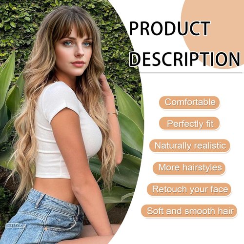 DATSRX Ombre Blonde Wig With Bangs for Women 24 Inch Long Dark Blonde Wavy Wig Natural Looking Synthetic Heat Resistant Fiber Wigs for Daily Party Cosplay Wear