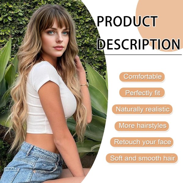 DATSRX Ombre Blonde Wig With Bangs for Women 24 Inch Long Dark Blonde Wavy Wig Natural Looking Synthetic Heat Resistant Fiber Wigs for Daily Party Cosplay Wear