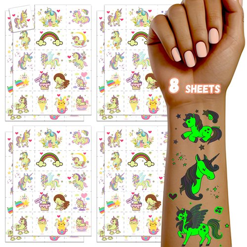 TatoYard 136 Styles+ Kids Temporary Tattoos for Party Supplies, Goodie Bags Stuffers Fillers, Glow Fake Tattoos for Party Favors Decorations/Toys/Games (Unicorns Birthday Party)