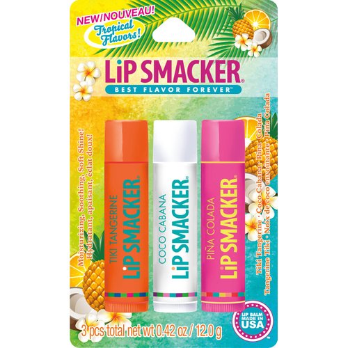 Lip Smackers Flavored Lip Balm Tropical Fever, Tiki Tangerine, Coco Cabana, Pina Colada, Set of 3, Clear, For Kids, Men, Women