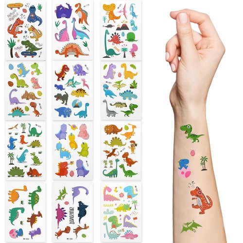 Temporary Tattoos for Kids,12 Sheets Dinosaur Themed Children’s Temporary Tattoos Waterproof Sticker for Girls Boys Kids Halloween Christmas Birthday Supplies Favors