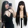 EVLYNN Black Wigs With Bangs Straight for Fashion Women 26 Inch Ombre Color Wig Heat Resistant Synthetic Fiber Hair Long Glueless Wig For Women