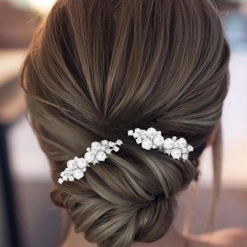 ALUINN Gold Bridal Hair Comb For Wedding Hair Accessories, Crystals Bridal Hair Comb Piece, Pearls Hair Piece for Brides, Women (Silver)