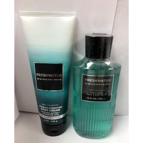 Bath and Body Works Men's Collection Freshwater 2 in 1 Hair and Body Wash 10 Oz and Body Cream 8 Oz.