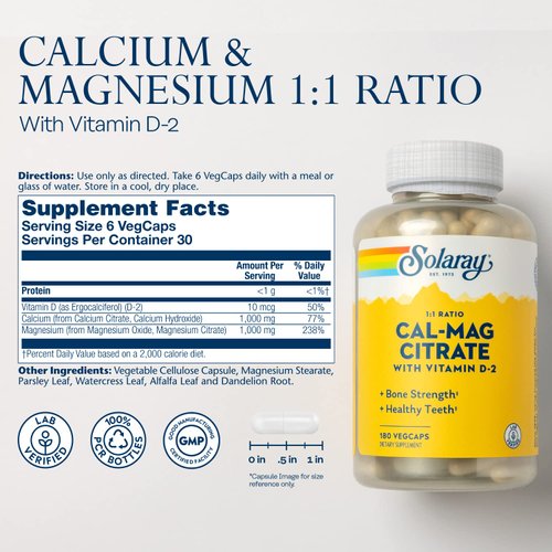 SOLARAY Calcium & Magnesium Citrate with Vitamin D-2, 1:1 Ratio for Healthy Bones, Teeth, Muscle & Nervous System Function High Absorption 180 Count