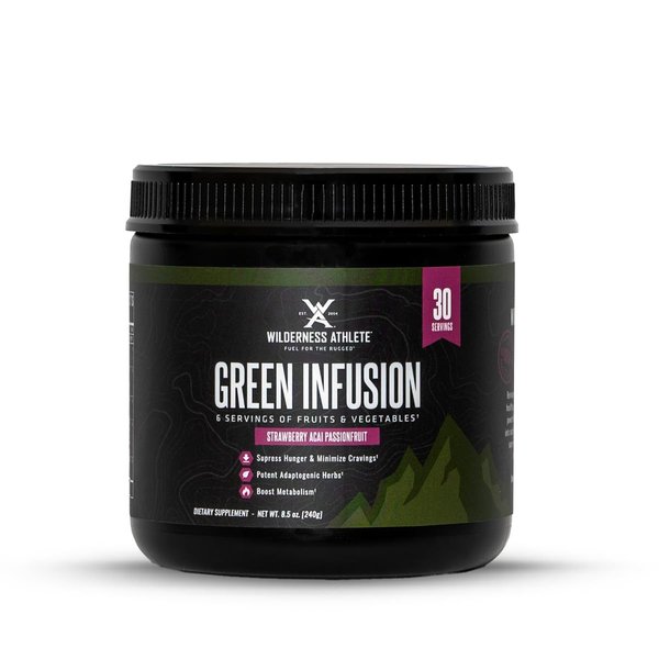 Wilderness Athlete Green Infusion, Supergreen Superfood Power Greens Powder, Wheatgrass Powder with Astragalus Root, Green Tea Extract, & Chlorella, (Strawberry Acaí Passionfruit), 8.5 Oz