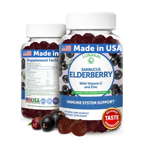 Lunakai USA Made Sambucus Elderberry Gummies - Delicious Immune Support with Vitamin C & Zinc - Non-GMO, Gluten-Free, 60ct for Kids & Adults