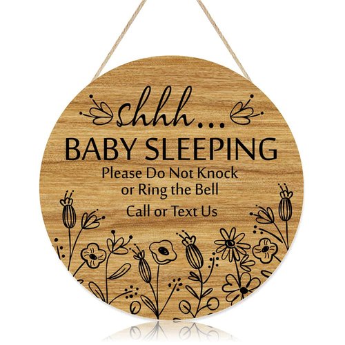 Shhh... Baby Sleeping Hanging Sign Plaque, Do Not Knock Or Ring The Bell, Round Rustic Wooden Door Hanger for Baby Room, Nursery, Kindergarten, Bedroom, Door Knob Door Bell Decor