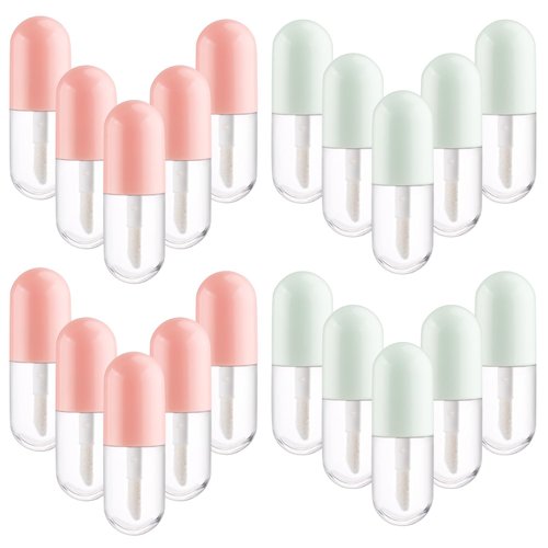 BOSMIOW 20pcs 5ml Mini Clear Plastic Lip Gloss Tubes Empty Capsule Shaped Lip Balm Bottle Travel Size Lipstick Tubes,DIY Lip Gloss Container Vials with Wand Brush,2Colors