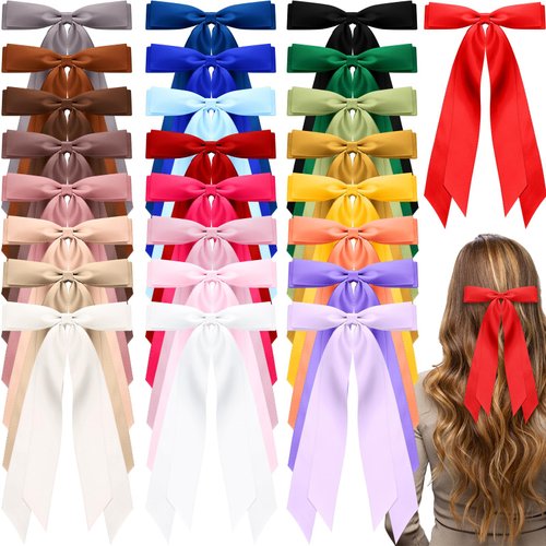 Mimorou 25 Pcs Silky Satin Hair Bows Bulk Hair Clips Bow Knot Hair Ribbon Hair Bow with Long Tails Hair Barrettes Hair Pins Ponytail Holder Accessories for Women