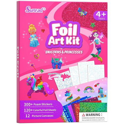 Sunrad Foil Art Kit for Kids Unicorns & Princesses Arts and Crafts, No Mess Art for Kids, Fun Craft Kits & Supplies, DIY Creative Activities, Travel Toys Gifts for Girls & Boys Ages 4 5 6 7 8 9+