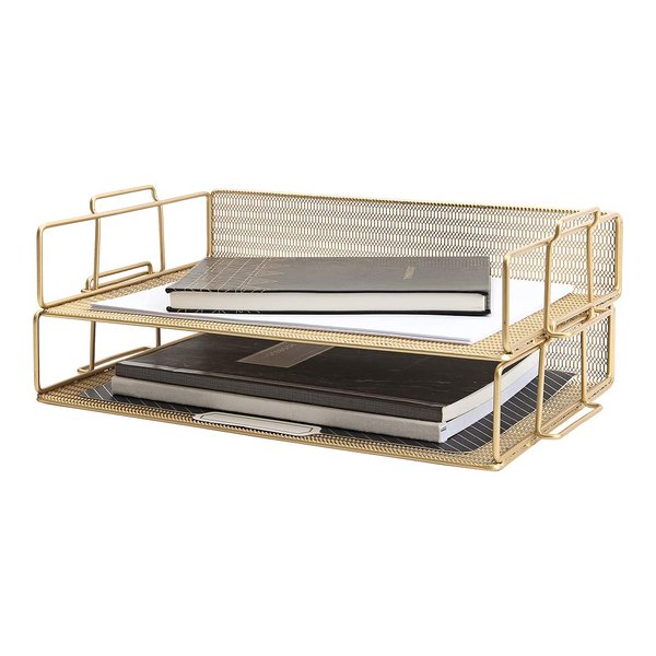 Gold File Organizer for Desk Gold Office Desk Accessories 2 Tier Gold Paper Tray - Document Tray - Gold Letter Tray Desk Organizers and Accessories Gold Paper Tray Organizer for Desk Inbox Blu Monaco