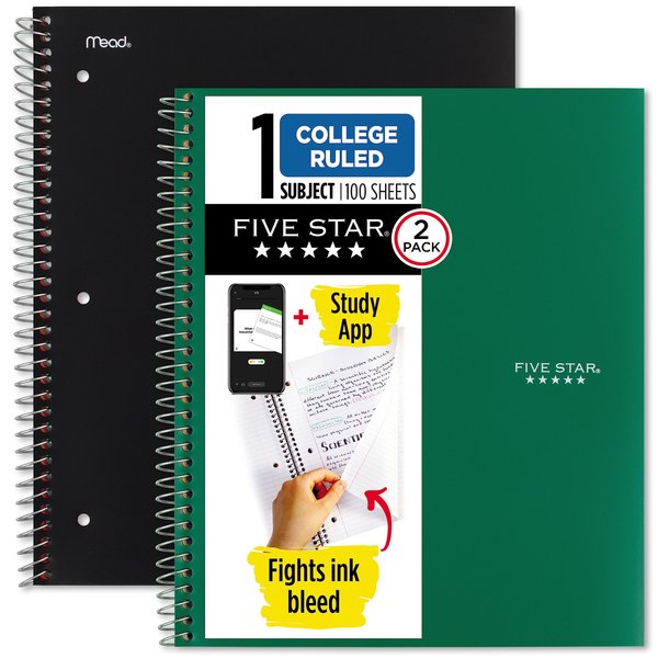 Five Star Spiral Notebook + Study App, 2 Pack, 1-Subject, College Ruled Paper, Fights Ink Bleed, Water Resistant Cover, 8-1/2" x 11", 100 Sheets, Black, Green (820187)