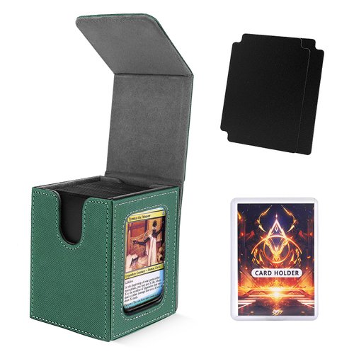 Scimi MTG Deck Box for Commander Display,Card Deck Box Fits 100 Double Sleeved Cards, Magic Commander TCG Card Leather Storage Box with 2 Dividers and 1 Toploader (Green)