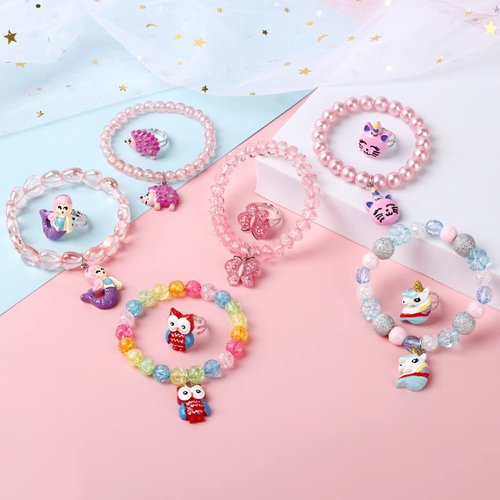 Msnailfly Mermaid Unicorn Bracelet Ring Set Girls Butterfly Bracelets Little Girls Ring Set Toddler Girls Jewerly Bracelets and Rings for Birthday Party Favors-12Pcs
