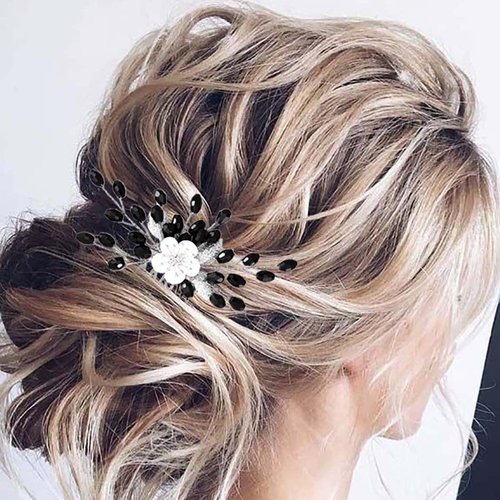 JONKY Flower Wedding Hair Comb Black Crystal Hair Piece Rhinestone Bridal Hair Accessories for Women