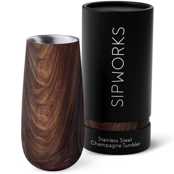 Sipworks Champagne Tumbler - 8oz Stainless Steel Wine Tumbler with Double Walled Vacuum Insulation - Spill Resistant, Shatterproof Insulated Champagne Flutes for Travel & Parties - Mahogany