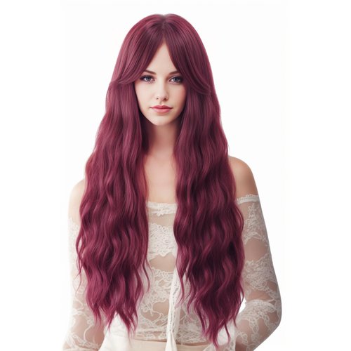 NJJYXH 28 Inches Wine Red Wigs for Women Long Burgundy Water Wavy Wig with Bangs Synthetic Natural Wig for Cosplay,Halloween,Daily Use