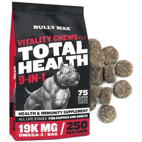 Bully Max 9-in-1 Total Health Dog Chews - Puppy & Adult Dog Multivitamin Treats - Omega 3 Vitamin Supplements for Immunity, Brain, Heart, Joint & Digestive Health for All Breeds - 75 Soft Chews/Bag
