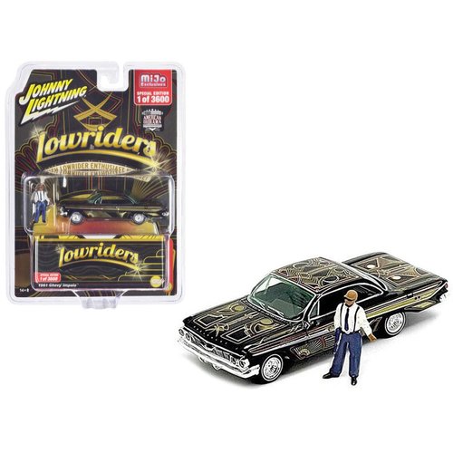 1961 Chevy Impala Lowrider Black with Graphics and Diecast Figure Limited Edition to 3600 Pieces Worldwide 1/64 Diecast Model Car by Johnny Lightning JLCP7456