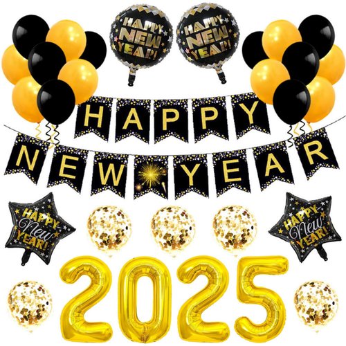 2025 Gold Balloons Happy New Year Banner Gold Black Paper Flag Bunting Swirl Streamers & Pom Poms Balloons for New year Party Decorations