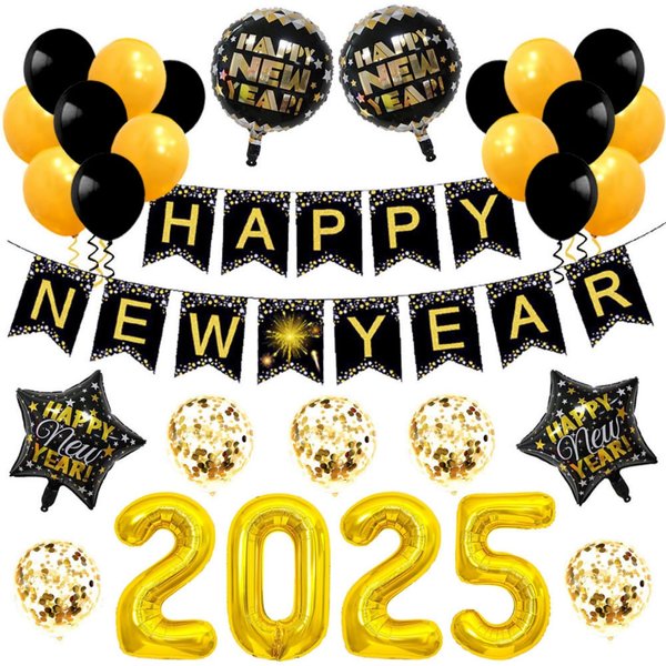 2025 Gold Balloons Happy New Year Banner Gold Black Paper Flag Bunting Swirl Streamers & Pom Poms Balloons for New year Party Decorations