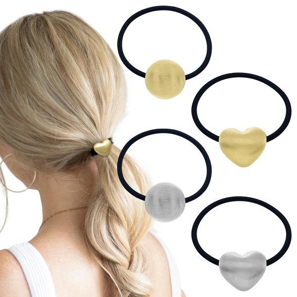 4Pcs Heart Round Hair Elastic Ties Metal Ponytail Holder Black Hair Bands Ropes Decoration Accessories for Women Girls