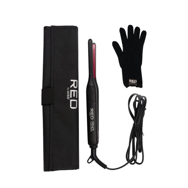 Red by Kiss Pencil Flat Iron up to 450°F Thin Small Tourmaline Ceramic Plate 0.3 inch (3/10") for Women and Men, Short to Medium Hair, Pixie Cut, Bangs, Edges.. A Travel Pouch and a Glove Included