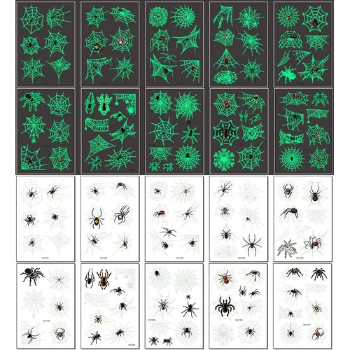 Temporary Tattoos for Kids, 73PCS Luminous Halloween Spider Web Glow in the Dark Fake Tattoos, Body Stickers Decorations, Halloween Cosplay Face Makeup Holiday Party Favors Gifts for Adults Spider
