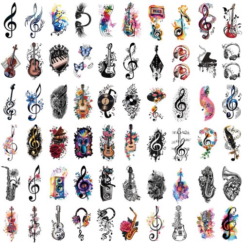 77 Sheets Music Temporary Tattoos Adult Kids Fake Tattoos Birthday Music Festival Party Favors Half Arm Sleeves Guitar Violin Piano Music Notes Tattoos Stickers for Men Women Kids