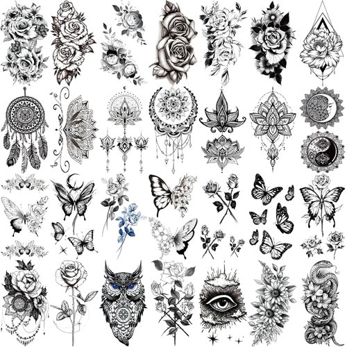 Briyhose Black Flower Small Temporary Tattoos for Women, Realistic Cute Floral Lotus Butterfly Fake Tattoo Adult Girl Hand Neck, Sexy Tiny Mandala Temp Tatoo Sticker Wrist Body Art Makeup, 28-Sheet