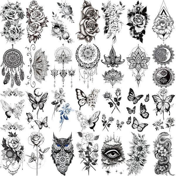 Briyhose Black Flower Small Temporary Tattoos for Women, Realistic Cute Floral Lotus Butterfly Fake Tattoo Adult Girl Hand Neck, Sexy Tiny Mandala Temp Tatoo Sticker Wrist Body Art Makeup, 28-Sheet