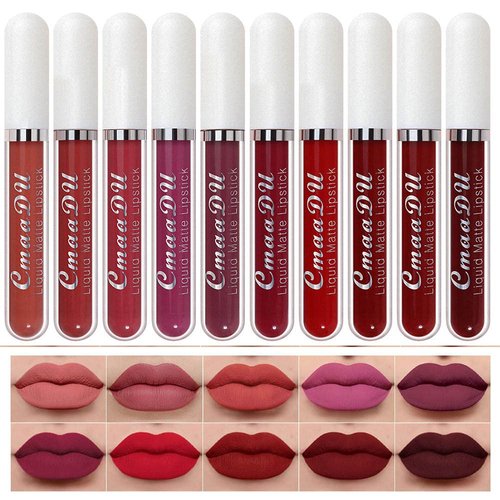 evpct CmaaDU 10Pcs Liquid Matte Matt Lipstick Set for Black Women, Dark Deep Bright Ruby Sexy Brick Mauve Plum Red Violet Purple Matte Lipstick Long Lasting Lipstick 24 hour Waterproof Lip Gloss Matte